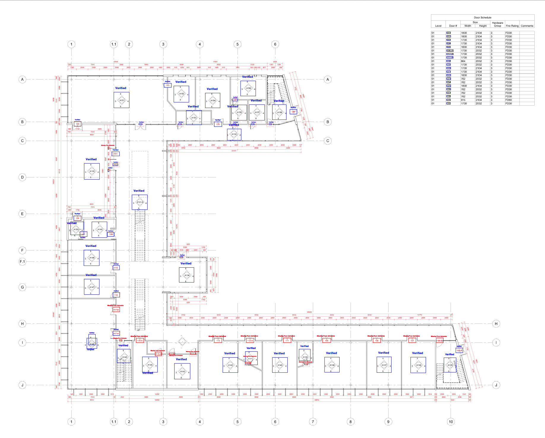 Sample marked floor plan with blue Verified marks, red Missing from Schedule and Wrong Door Material callouts, and a door schedule